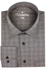 Erkek Kahverengi Kareli Klasik Kesim Uzun Kollu Tek Cepli Yaka Düğmeli Gömlek