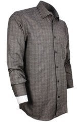 Erkek Kahverengi Kareli Klasik Kesim Uzun Kollu Tek Cepli Yaka Düğmeli Gömlek