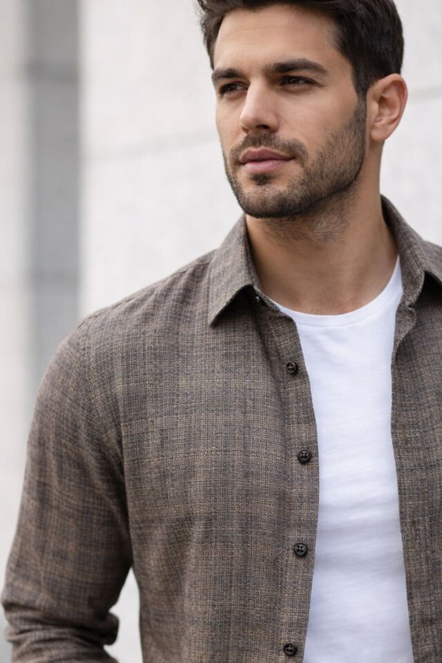 Varetta Erkek Kahverengi Gömlek Klasik Kesim Uzun Kollu Cepli Yaka Düğmeli