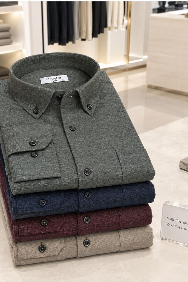 Varetta Erkek Yeşil Kışlık Gömlek Rahat Geniş Kesim Cepli  Yaka Düğmeli Casual Gömlek