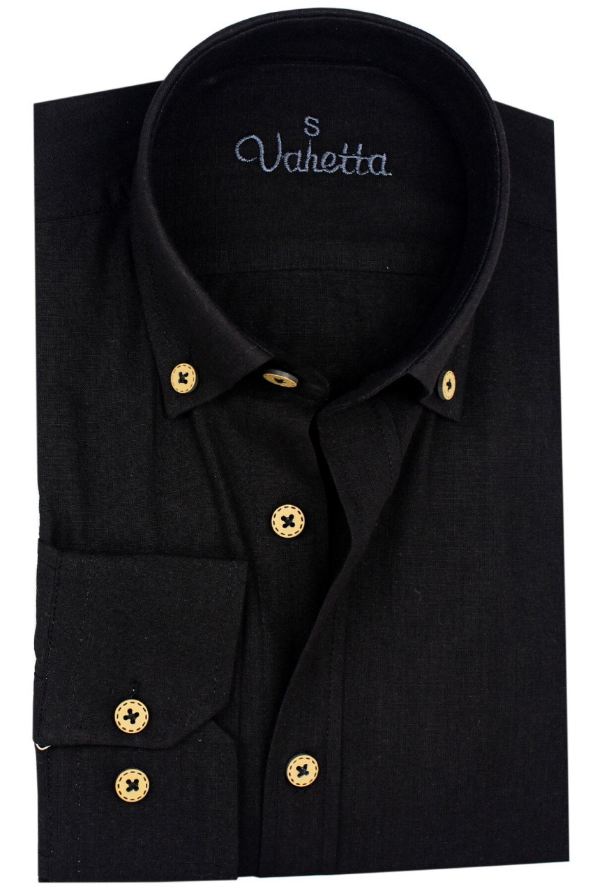 Varetta Erkek Siyah Keten Slim Fit Uzun Kollu Yaka Düğmeli Gömlek