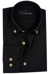 Varetta Erkek Siyah Keten Slim Fit Uzun Kollu Yaka Düğmeli Gömlek