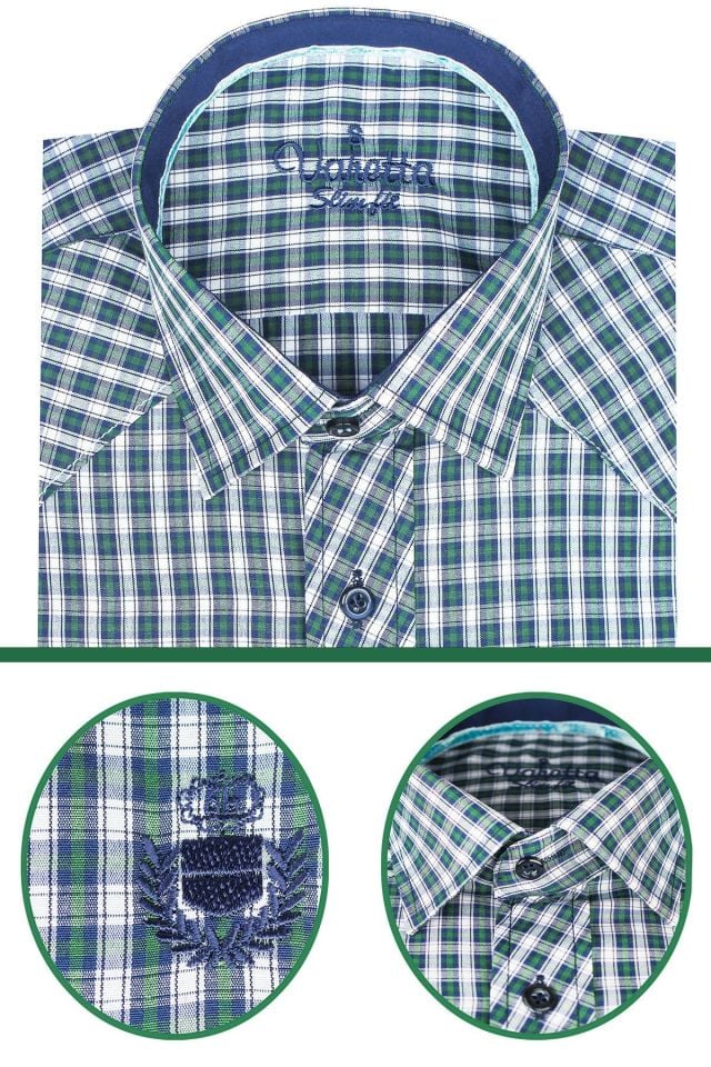Erkek Lacivert-Yeşil Slim Fit Kareli Uzun Kollu Gömlek