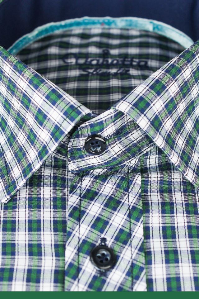 Erkek Lacivert-Yeşil Slim Fit Kareli Uzun Kollu Gömlek