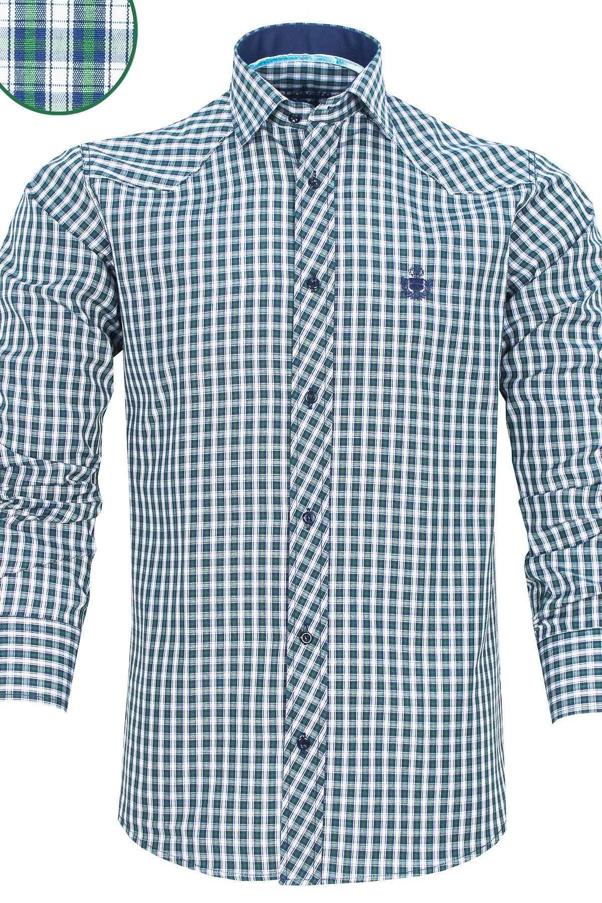 Erkek Lacivert-Yeşil Slim Fit Kareli Uzun Kollu Gömlek