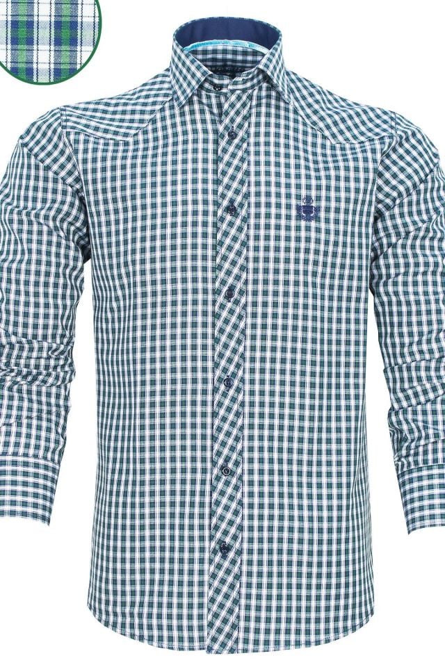 Erkek Lacivert-Yeşil Slim Fit Kareli Uzun Kollu Gömlek