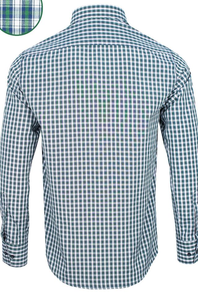 Erkek Lacivert-Yeşil Slim Fit Kareli Uzun Kollu Gömlek