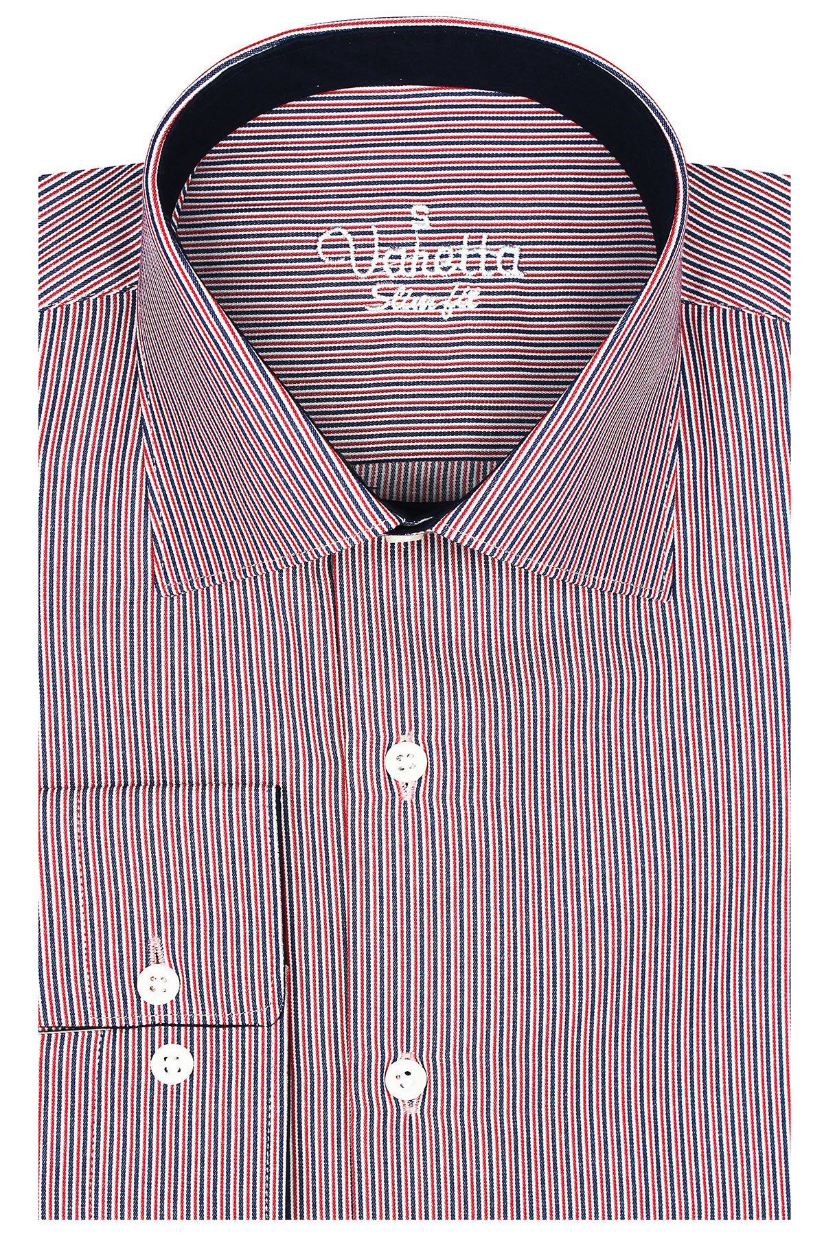Erkek Kırmızı Slim Fit Çizgili Uzun Kollu Gömlek