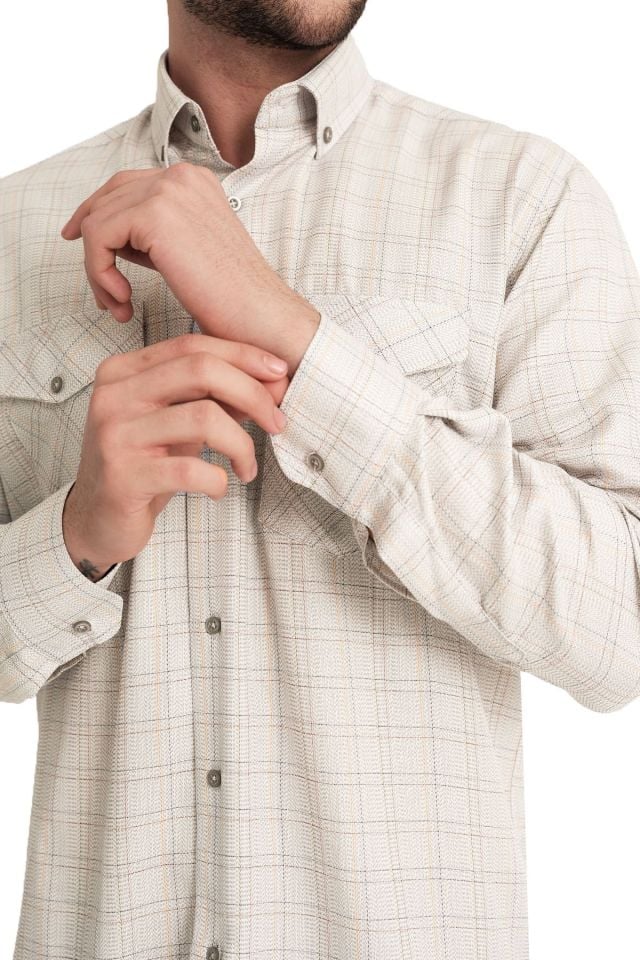 Varetta Erkek Krem Kapaklı Çift Cepli Uzun Kollu Kareli Keten Efektli Gömlek